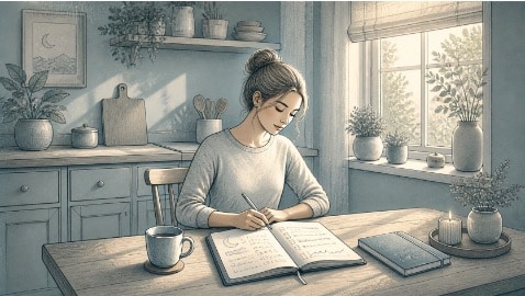 Woman recording her insomnia severity index scores in a sleep journal to track progress over time.