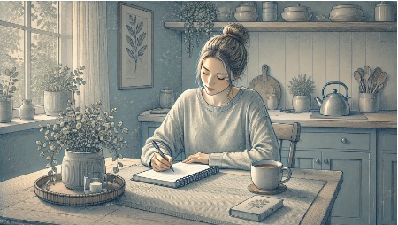 Woman journaling at her kitchen table to track daily mindfulness practice and burnout recovery progress.