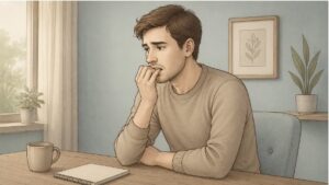 Man struggling with ADHD stimming in the form of nail-biting