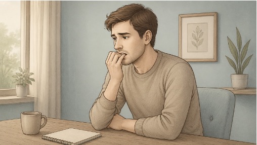 Man struggling with ADHD stimming in the form of nail-biting