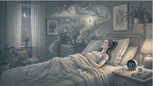 Woman lying awake at night with a worried expression, surrounded by visual cues of disrupted sleep and dreamlike hallucinations linked to narcolepsy.