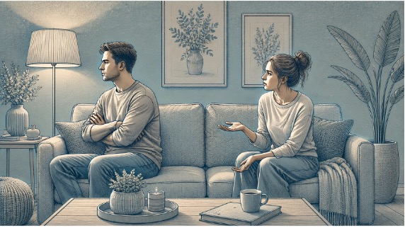A tense couple sitting apart on a living room sofa, one partner looking away with arms crossed while the other appears frustrated and unheard.