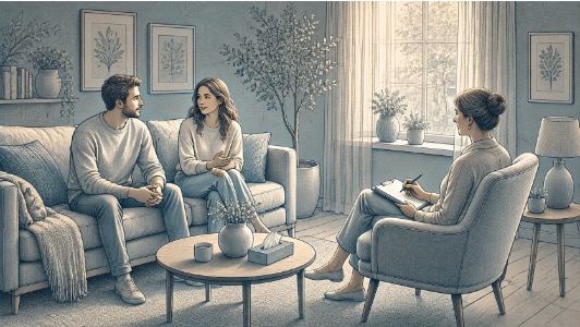 A couple sitting together on a couch, having an open, calm conversation with a therapist taking notes during a couples therapy session.