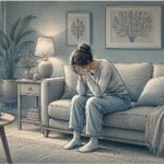 Woman sitting alone on a couch with her head in her hands, struggling with repetitive intrusive thoughts and visible emotional distress.