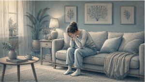Woman sitting alone on a couch with her head in her hands, struggling with repetitive intrusive thoughts and visible emotional distress.