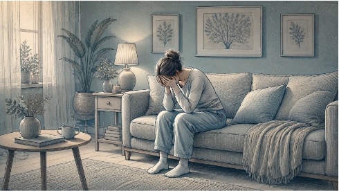Woman sitting alone on a couch with her head in her hands, struggling with repetitive intrusive thoughts and visible emotional distress.