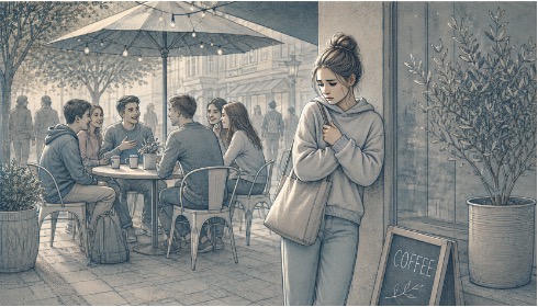 Young woman clutching her bag and standing apart from a group of friends laughing at an outdoor café table, illustrating social avoidance.