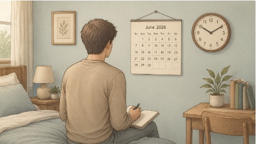Man staring at the clock and calendar hung on the wall as he attempts to journal 