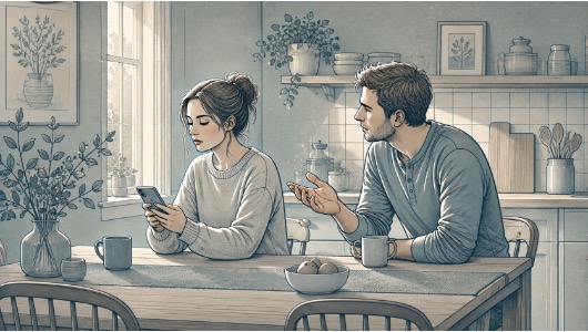 Woman sitting at a kitchen table giving her partner the silent treatment, staring at her phone while he tries to start a conversation.