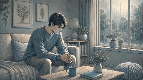 Young man looking troubled and anxious by a rainy window, illustrating the heavy guilt and shame that often accompany OCD intrusive thoughts.
