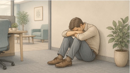 Man sitting down with his head between his knees, as he tries to fight the fainting sensation he feels 