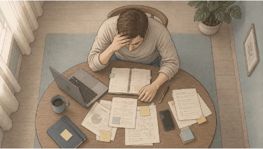 Overhead view of a stressed man sitting at a round wooden desk covered in papers, holding his forehead while looking at a planner.