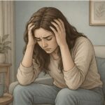A woman sitting on an armchair, holding her head in her hands with a stressed expression.