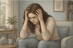 A woman sitting on an armchair, holding her head in her hands with a stressed expression.