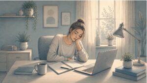 Tired young woman struggling to stay awake at her desk in the afternoon, showing the daily impact of narcolepsy symptoms.