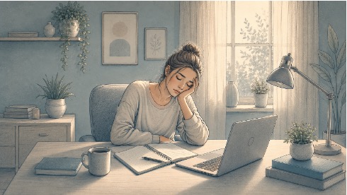 Tired young woman struggling to stay awake at her desk in the afternoon, showing the daily impact of narcolepsy symptoms.