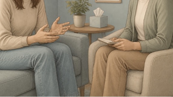 Woman with OCD seeking professional help for her intrusive thoughts