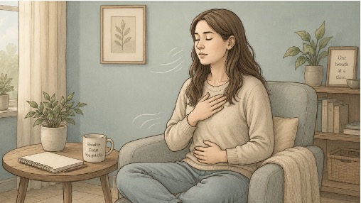 Woman taking deep breaths to calm herself down 