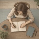 Overhead view of a woman sitting at a round wooden table and writing in an open notebook.