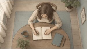 Overhead view of a woman sitting at a round wooden table and writing in an open notebook.