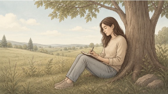 Woman journaling alone in a serene, outdoor setting