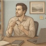 Man holding a pen while working, a common tactile stim among adults with ADHD.