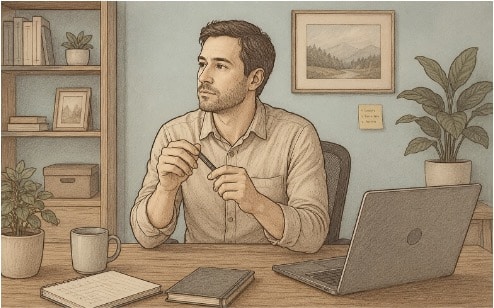 Man holding a pen while working, a common tactile stim among adults with ADHD.