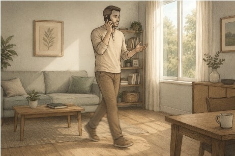 Man pacing during a phone call, a movement stim that helps adults with ADHD stay focused.