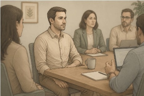Man suppressing visible stims during a meeting, showing how adults with ADHD mask stimming at work.