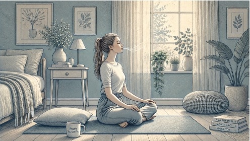 Woman seated upright with relaxed shoulders and forearms on her thighs, exhaling slowly through pursed lips to ease anxiety-related chest tightness.