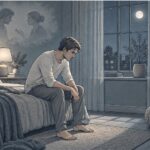 Man sitting on the edge of his bed at night, staring at the floor while mentally replaying a past event he cannot stop doubting