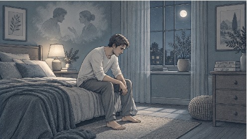 Man sitting on the edge of his bed at night, staring at the floor while mentally replaying a past event he cannot stop doubting