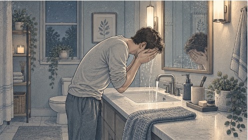 Man leaning over a bathroom sink splashing cold water on his face to interrupt a rising wave of anxiety-related breathlessness.