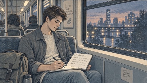 Man writing a dated list of internal voices in a lined notebook, noting the time beside each entry during his evening commute home.