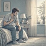 Man sitting on the edge of a bed with one hand pressed to his chest, breathing shallowly during a wave of anxiety-driven breathlessness.