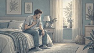 Man sitting on the edge of a bed with one hand pressed to his chest, breathing shallowly during a wave of anxiety-driven breathlessness.