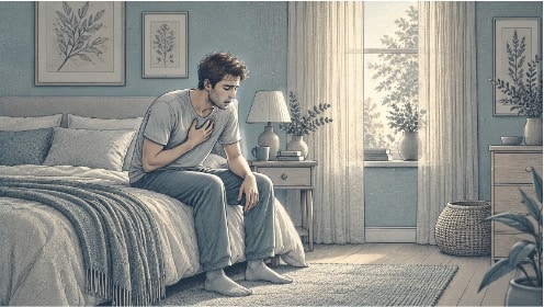 Man sitting on the edge of a bed with one hand pressed to his chest, breathing shallowly during a wave of anxiety-driven breathlessness.