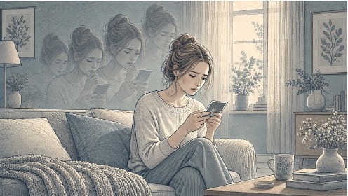 Woman staring at a photograph with an uneasy expression as faded, overlapping versions of the same scene appear behind her