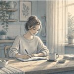 Adult writing in a notebook at a kitchen table in morning light as part of a daily dissociative identity disorder journaling routine.