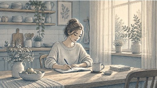 Adult writing in a notebook at a kitchen table in morning light as part of a daily dissociative identity disorder journaling routine.