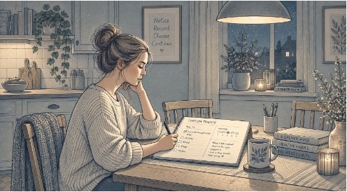 Woman at a kitchen table logging an intrusive-thought urge in a symptom tracker instead of replaying the memory behind it.